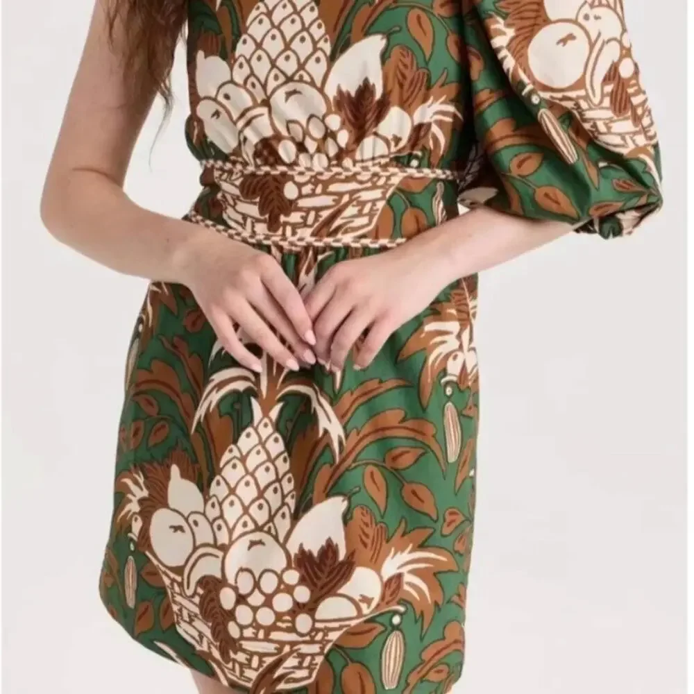 NWT Cara Cara Danielle One Shoulder Cotton Mini Dress Green Fruit Basket Size XL - Picture 3 of 15